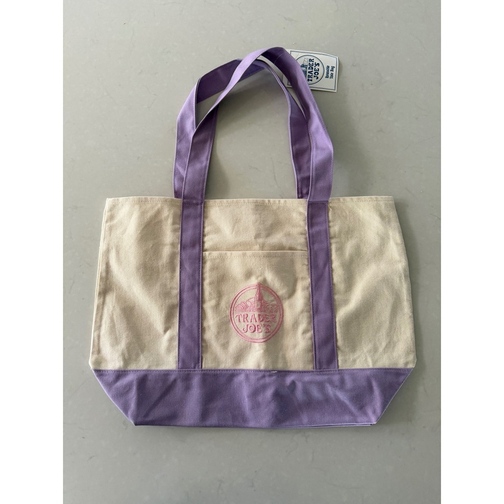 Trader Joe's Large Reusable Canvas Tote Bag Purple Cream Embroidered Logo NWT